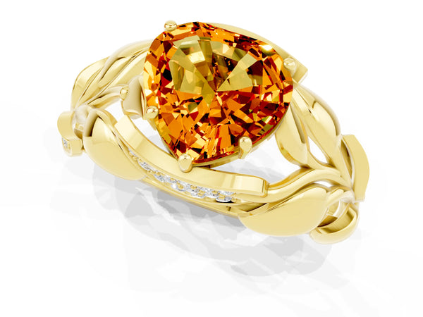 Yellow gold Heart Cut Citrine Leaf-Inspired Engagement Ring with Round Accents and Prong Setting