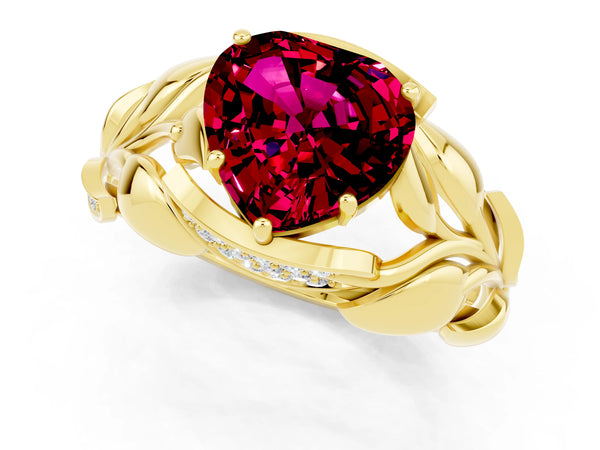 Yellow gold Heart Cut Garnet Leaf-Inspired Engagement Ring with Round Accents and Prong Setting
