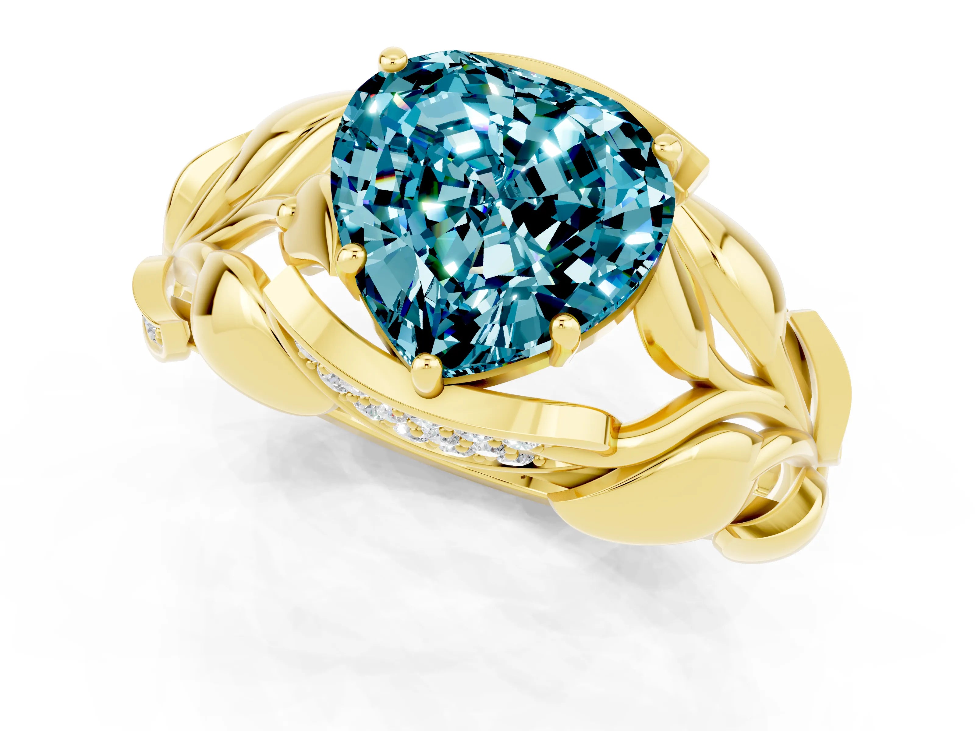Yellow gold Heart Cut Solitaire Leaf-Inspired Engagement Ring with Prong Setting_1