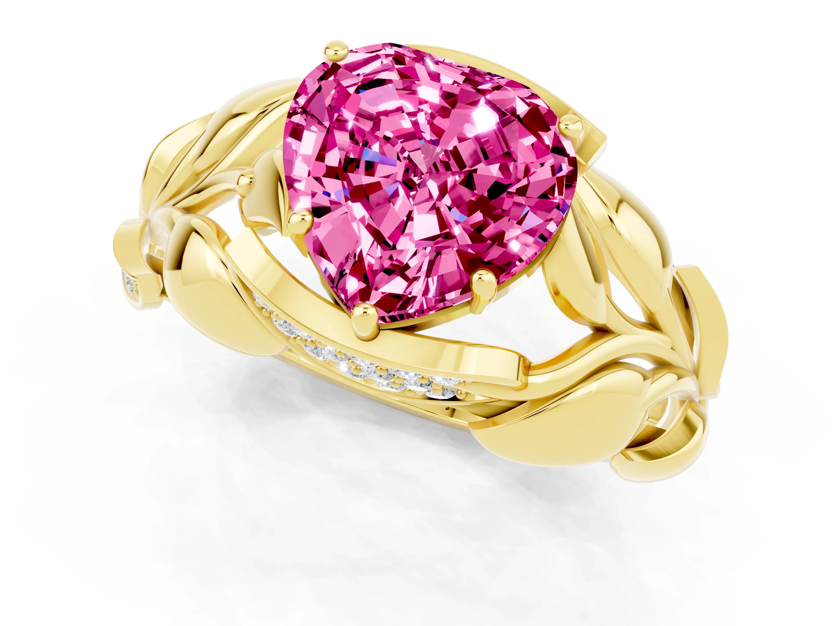 Yellow gold Heart Cut Solitaire Leaf-Inspired Engagement Ring with Prong Setting_1