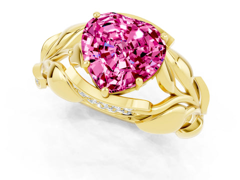 Yellow gold Heart Cut Solitaire Leaf-Inspired Engagement Ring with Prong Setting_1