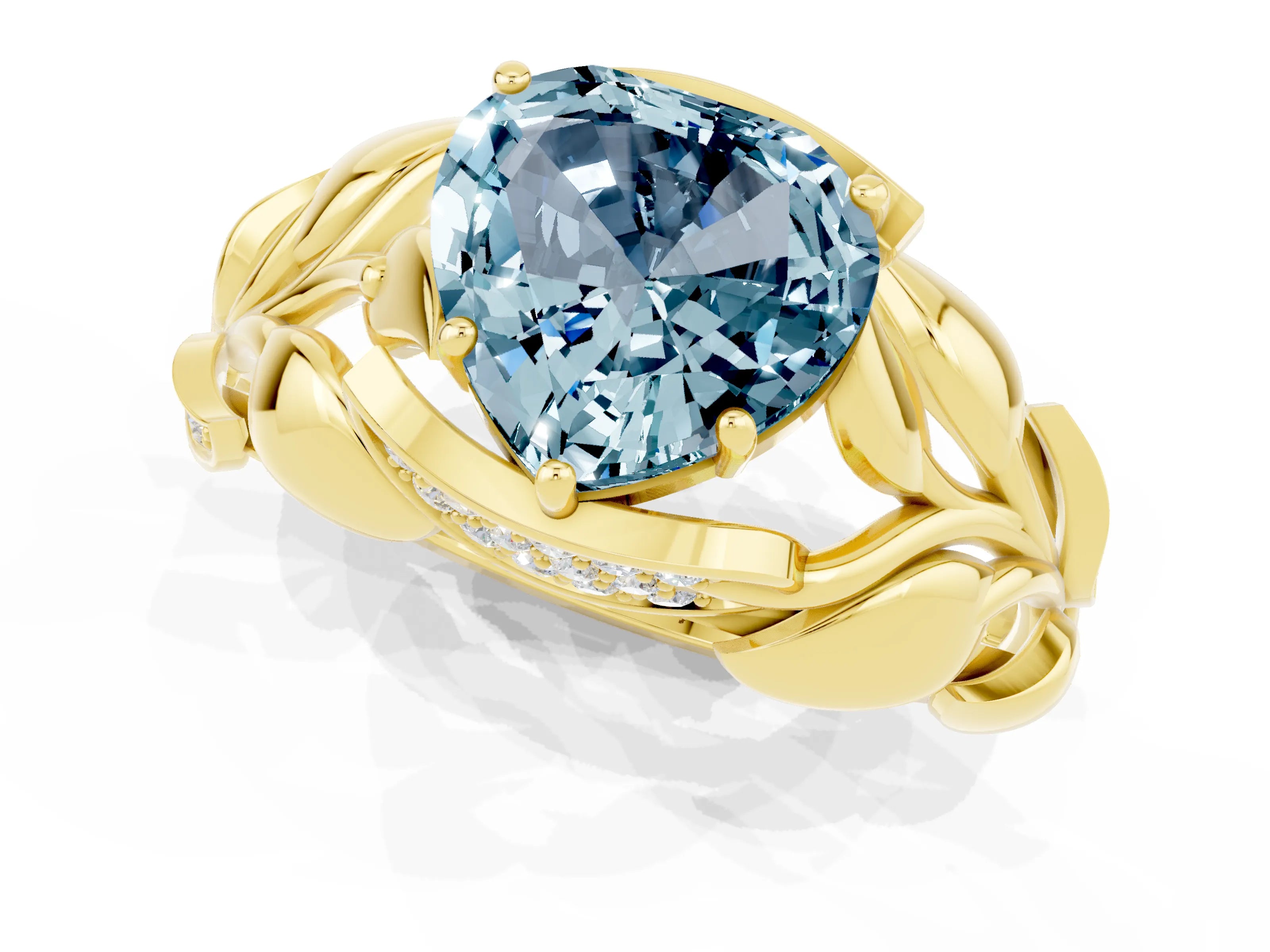 Yellow gold Heart Cut Solitaire Leaf-Inspired Engagement Ring with Prong Setting_1