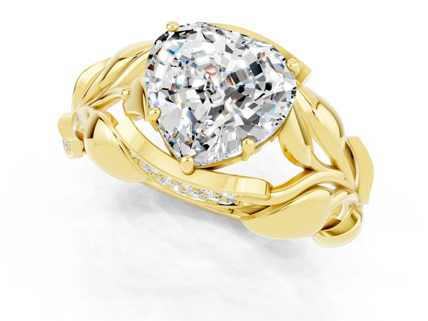 Yellow gold Heart Cut Moissanite Leaf-Inspired Engagement Ring with Round Accents and Prong Setting