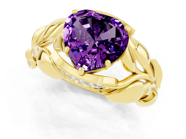 Yellow gold Heart Cut Amethyst Leaf-Inspired Engagement Ring with Round Accents and Prong Setting