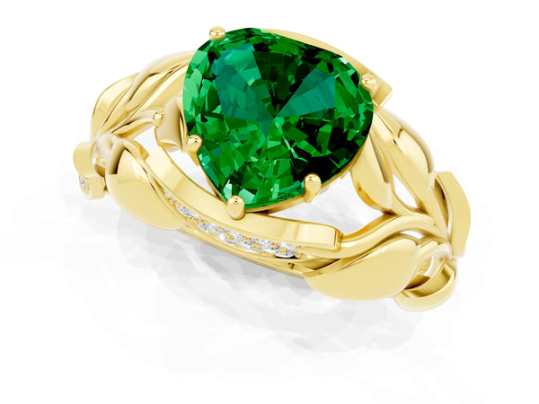 Yellow gold Heart Cut Emerald Leaf-Inspired Engagement Ring with Round Accents and Prong Setting