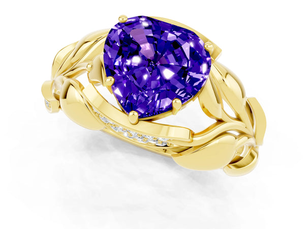 Yellow gold Heart Cut Tanzanite Leaf-Inspired Engagement Ring with Round Accents and Prong Setting