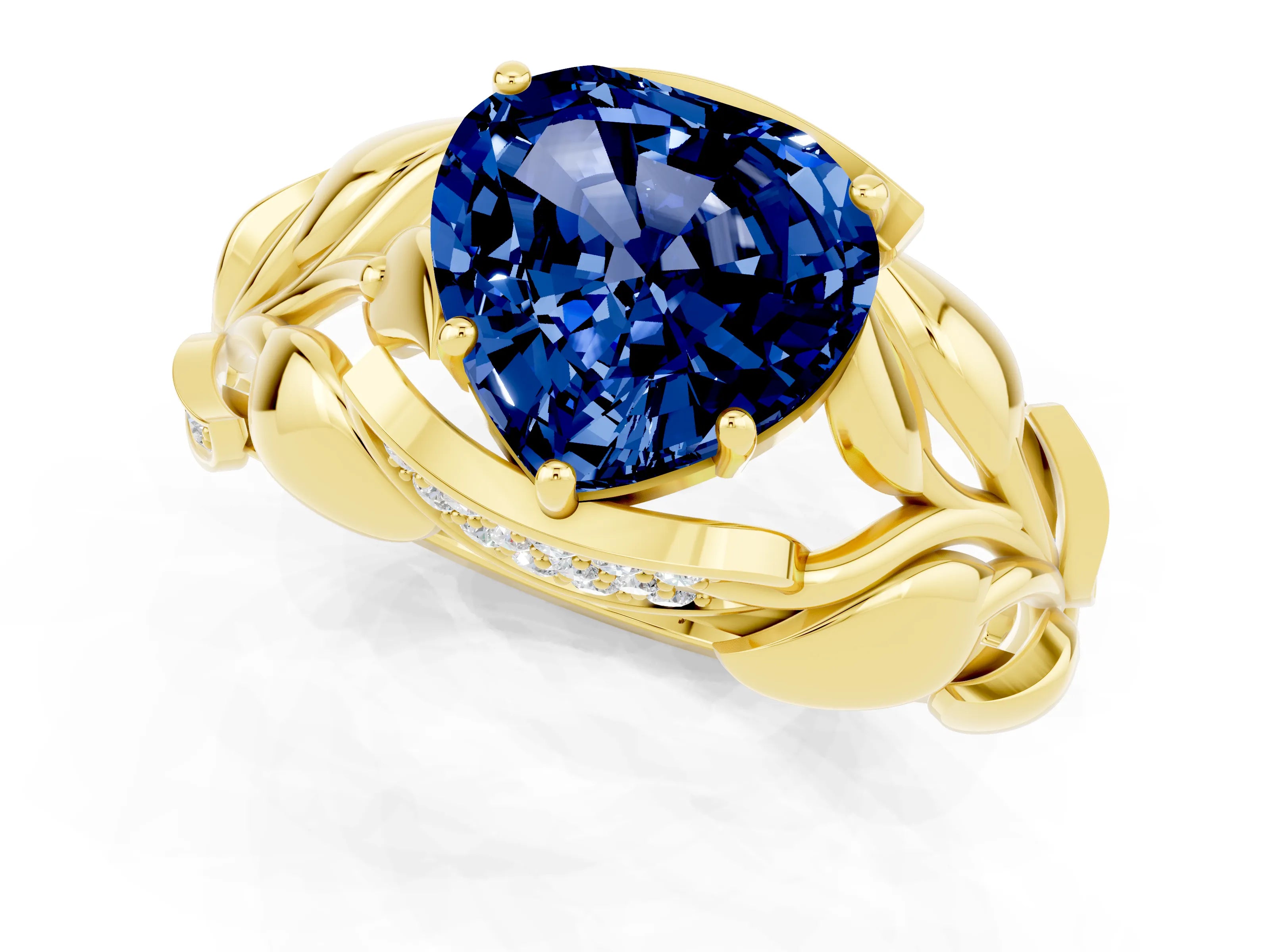 Yellow gold Heart Cut Solitaire Leaf-Inspired Engagement Ring with Prong Setting_1
