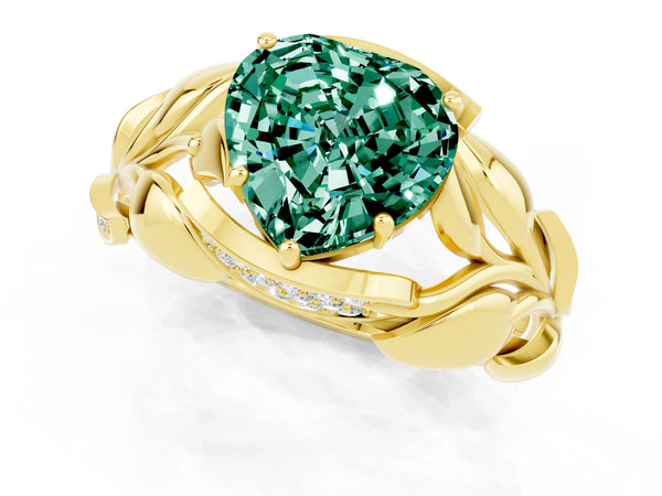 Yellow gold Heart Cut Green Sapphire Leaf-Inspired Engagement Ring with Round Accents and Prong Setting