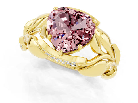 Yellow gold Heart Cut Solitaire Leaf-Inspired Engagement Ring with Prong Setting_1