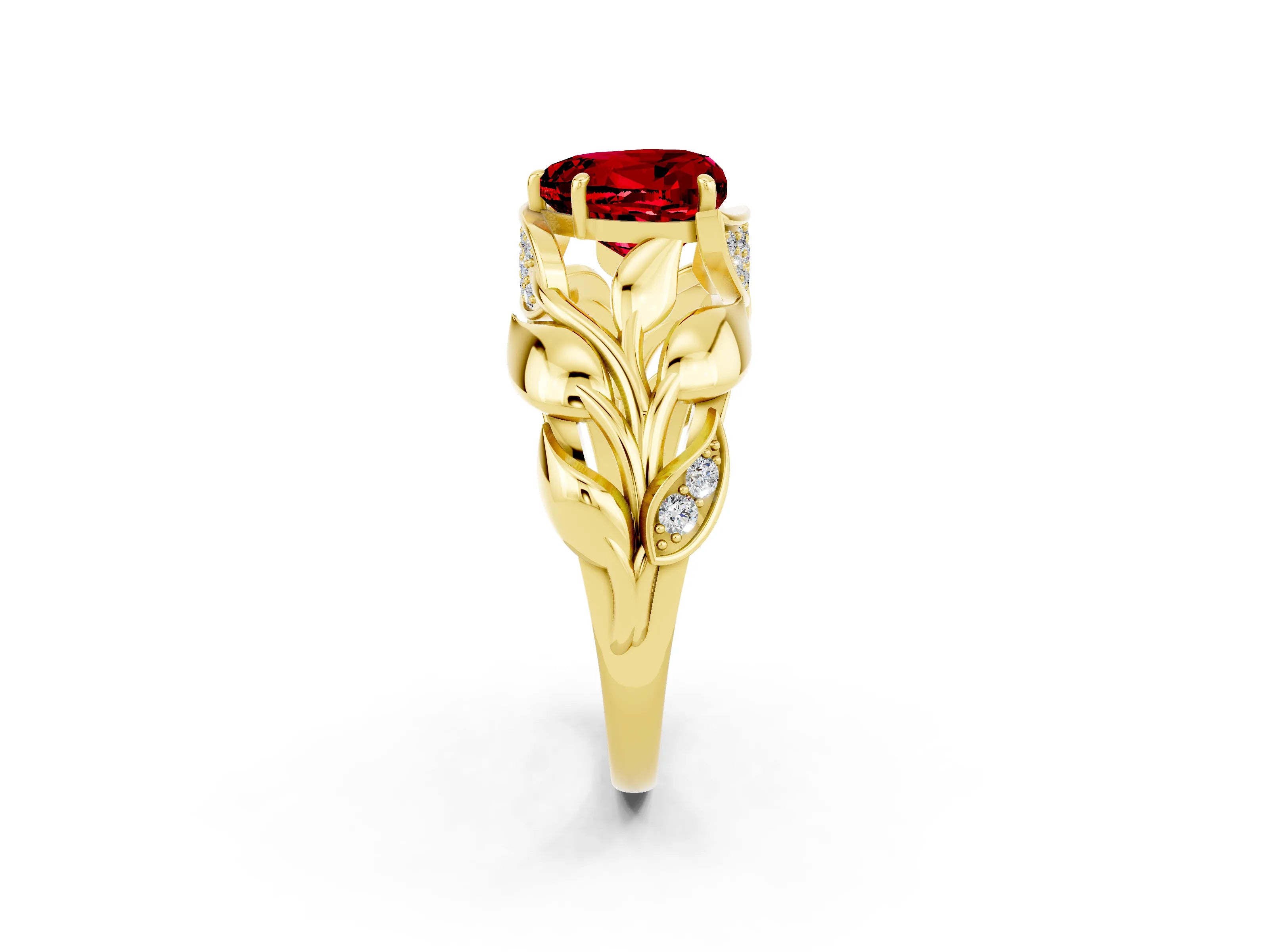 Yellow gold Heart Cut Solitaire Leaf-Inspired Engagement Ring with Prong Setting_2