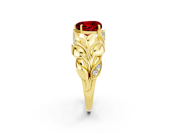 Yellow gold Heart Cut Ruby Leaf-Inspired Engagement Ring with Round Accents and Prong Setting