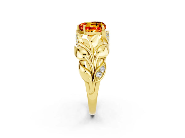 Yellow gold Heart Cut Citrine Leaf-Inspired Engagement Ring with Round Accents and Prong Setting
