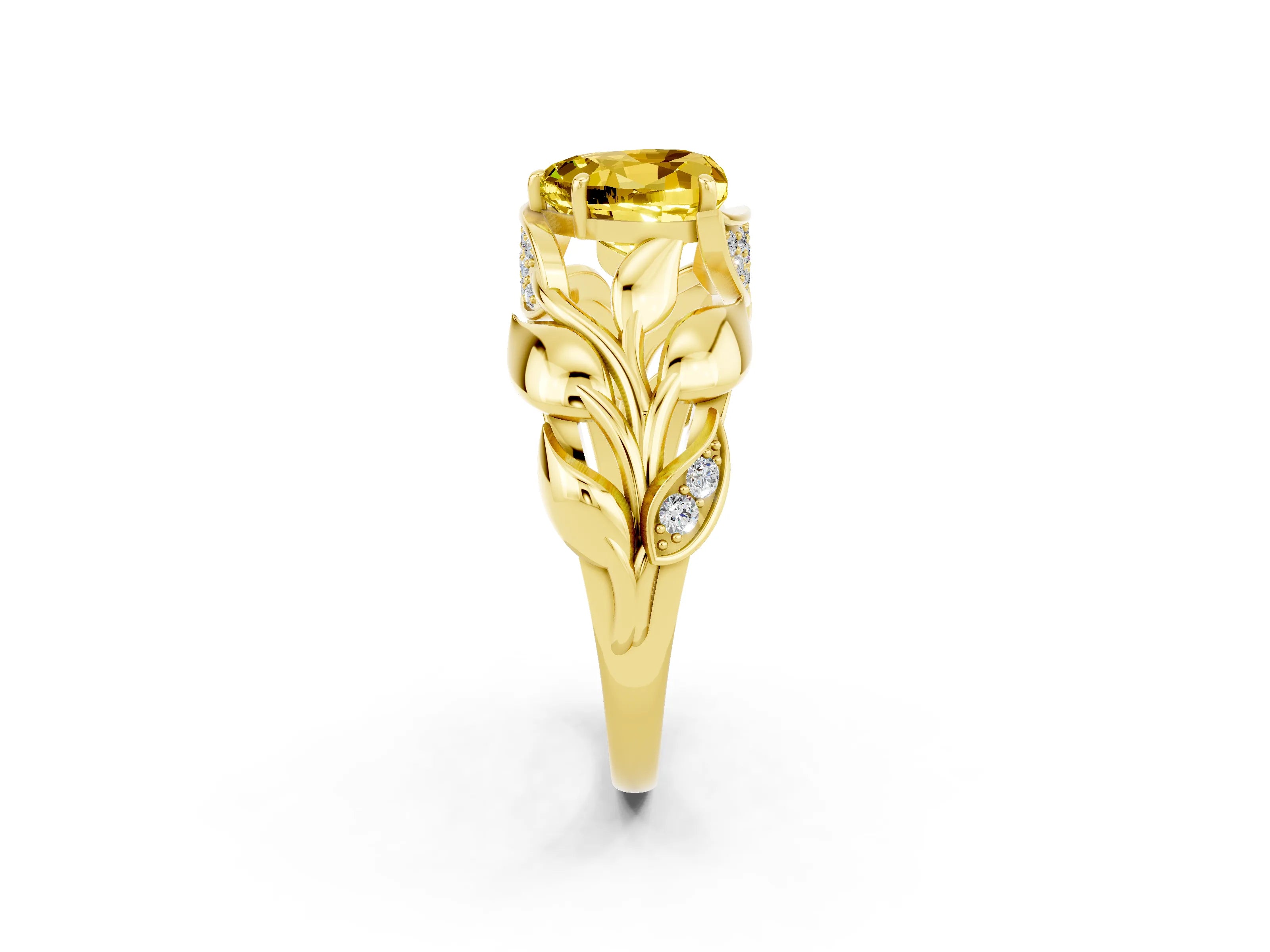 Yellow gold Heart Cut Solitaire Leaf-Inspired Engagement Ring with Prong Setting_2