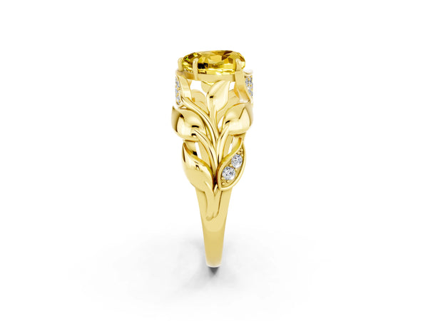 Yellow gold Heart Cut Yellow Sapphire Leaf-Inspired Engagement Ring with Round Accents and Prong Setting