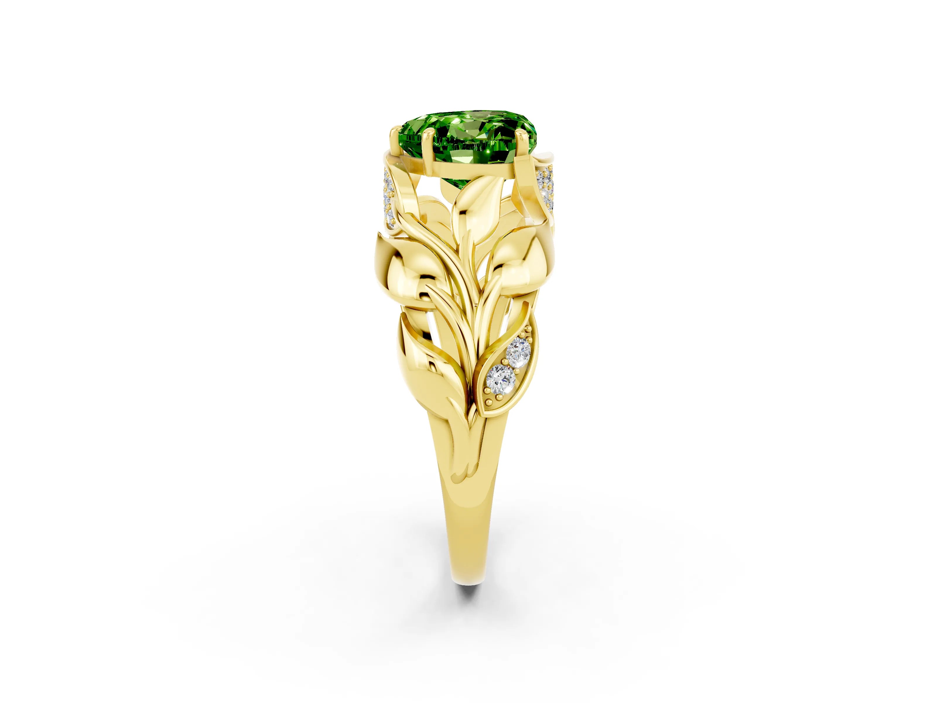 Yellow gold Heart Cut Solitaire Leaf-Inspired Engagement Ring with Prong Setting_2