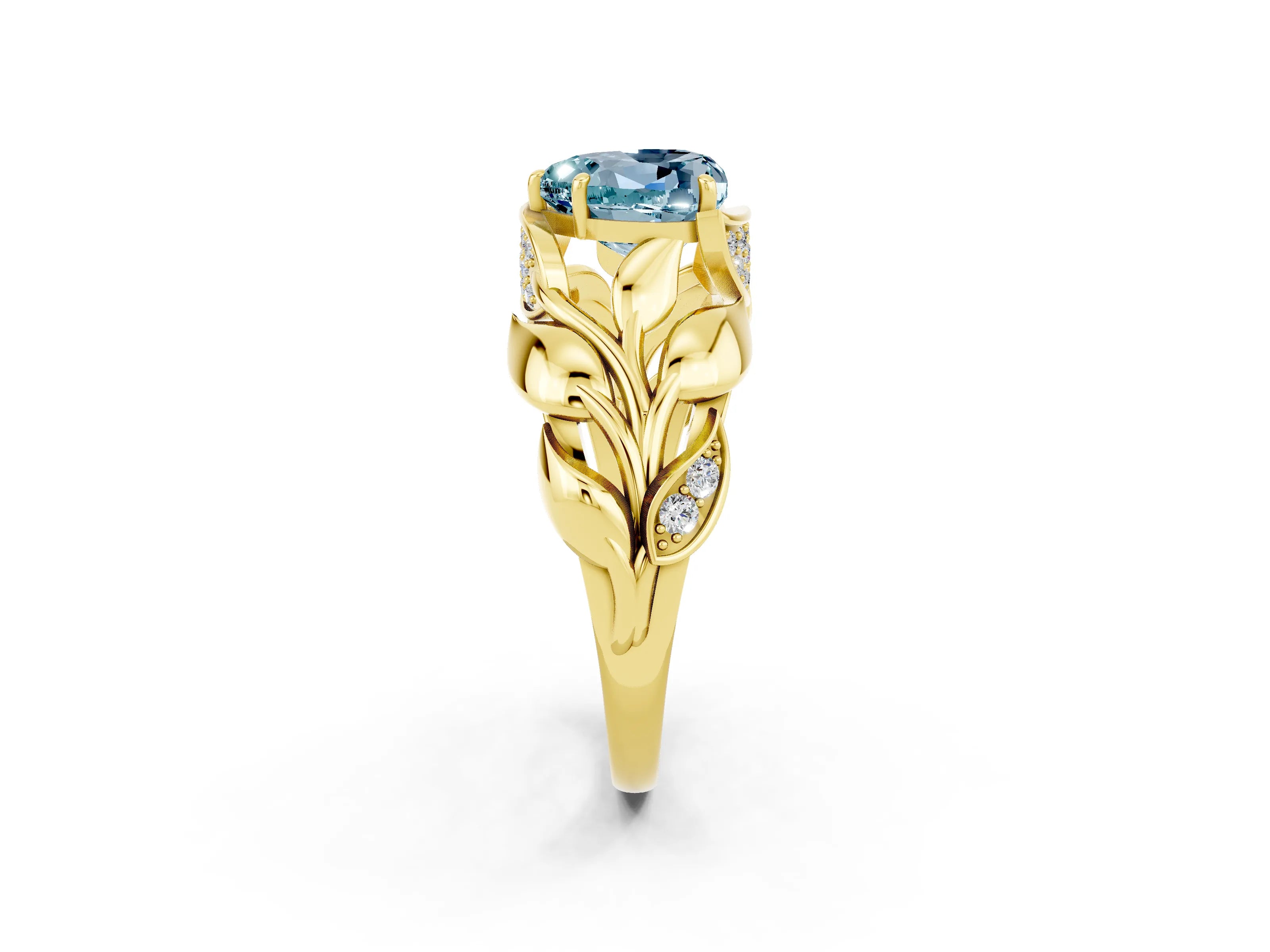 Yellow gold Heart Cut Solitaire Leaf-Inspired Engagement Ring with Prong Setting_2