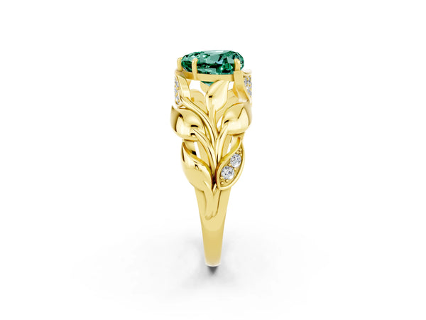 Yellow gold Heart Cut Green Sapphire Leaf-Inspired Engagement Ring with Round Accents and Prong Setting
