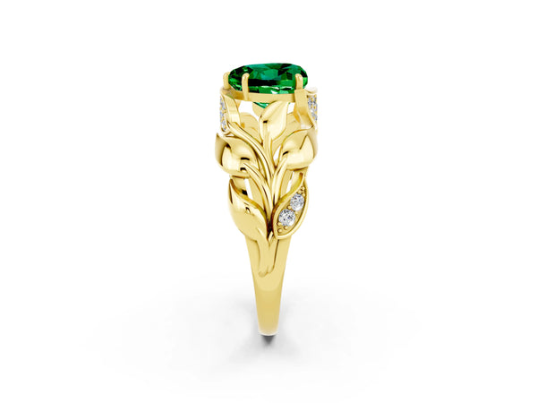 Yellow gold Heart Cut Emerald Leaf-Inspired Engagement Ring with Round Accents and Prong Setting