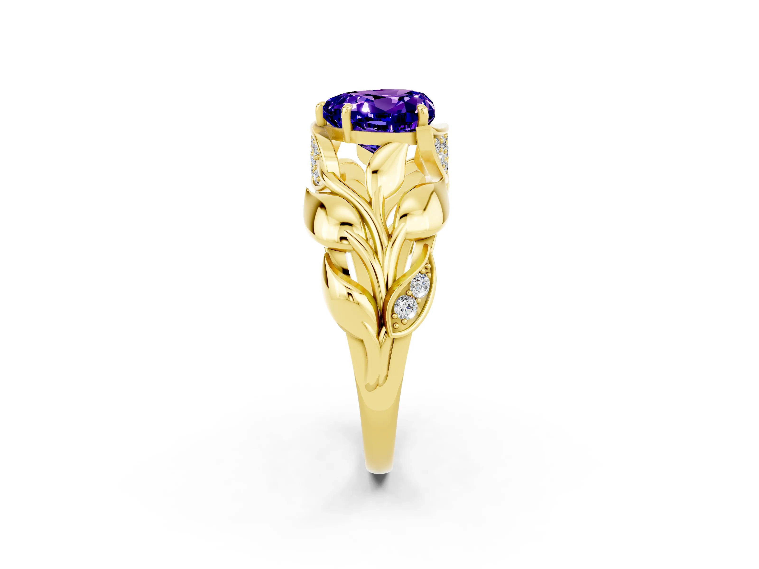 Yellow gold Heart Cut Solitaire Leaf-Inspired Engagement Ring with Prong Setting_2