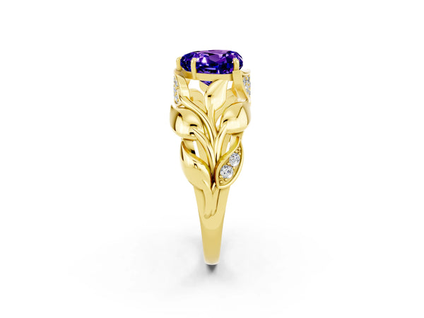 Yellow gold Heart Cut Tanzanite Leaf-Inspired Engagement Ring with Round Accents and Prong Setting