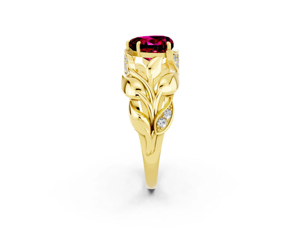 Yellow gold Heart Cut Garnet Leaf-Inspired Engagement Ring with Round Accents and Prong Setting
