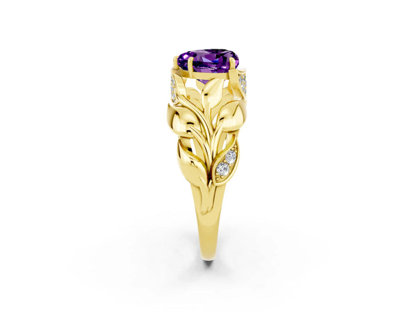 Yellow gold Heart Cut Amethyst Leaf-Inspired Engagement Ring with Round Accents and Prong Setting
