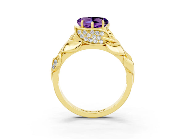 Yellow gold Heart Cut Amethyst Leaf-Inspired Engagement Ring with Round Accents and Prong Setting