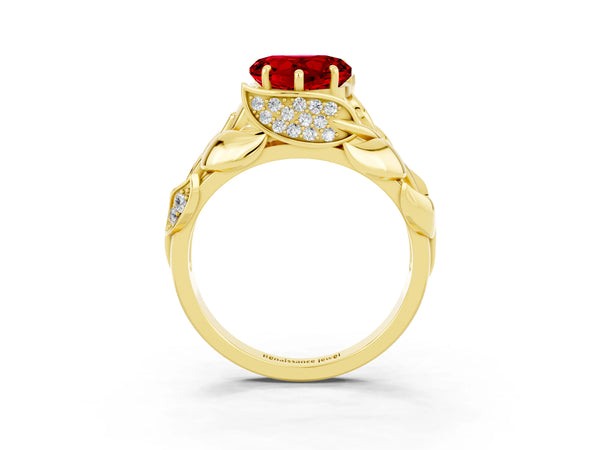 Yellow gold Heart Cut Ruby Leaf-Inspired Engagement Ring with Round Accents and Prong Setting
