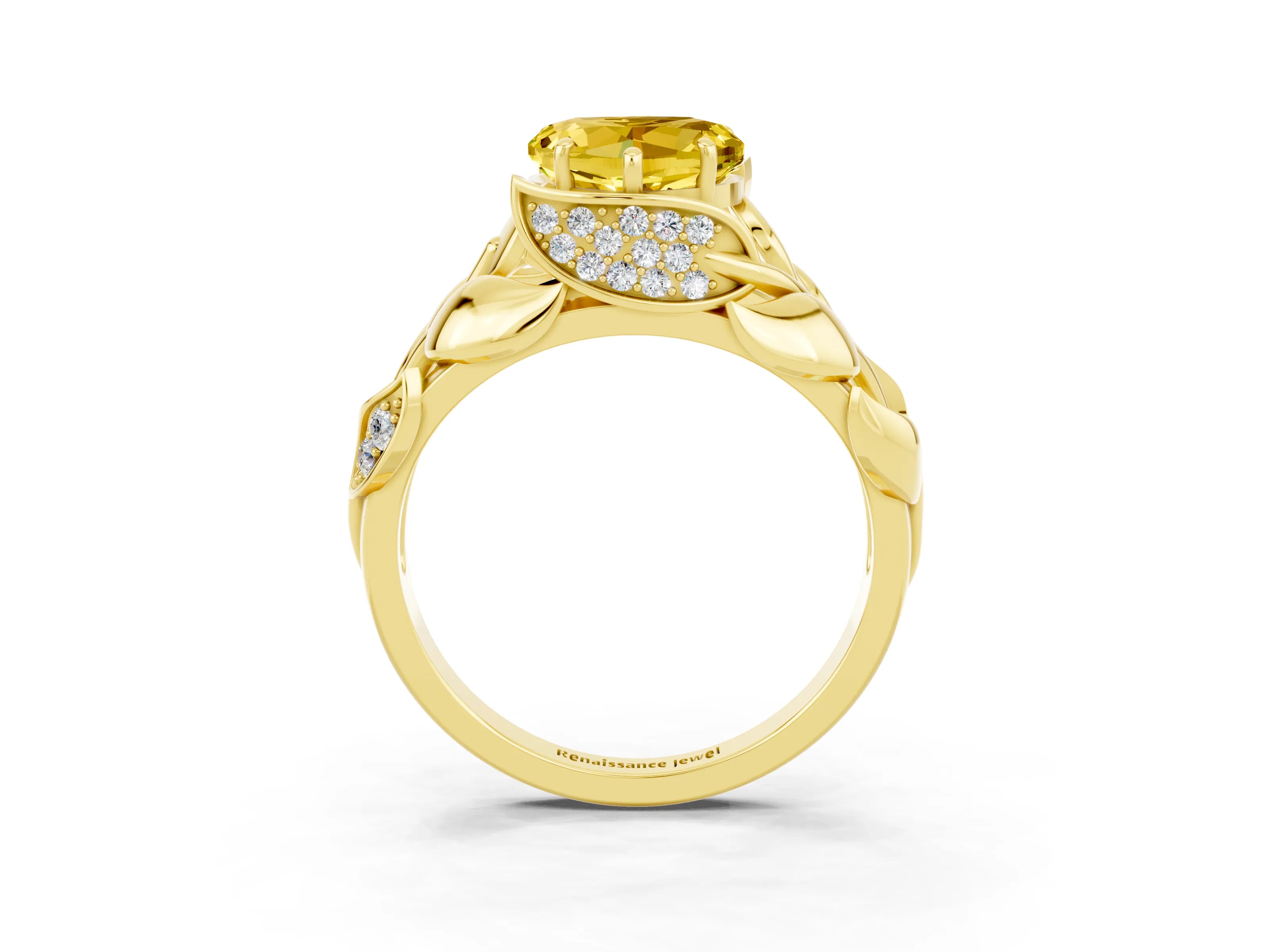 Yellow gold Heart Cut Solitaire Leaf-Inspired Engagement Ring with Prong Setting_3