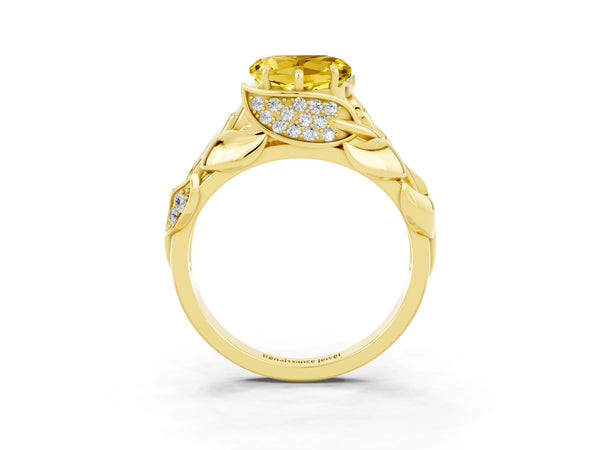 Yellow gold Heart Cut Yellow Sapphire Leaf-Inspired Engagement Ring with Round Accents and Prong Setting