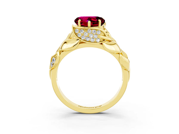 Yellow gold Heart Cut Garnet Leaf-Inspired Engagement Ring with Round Accents and Prong Setting