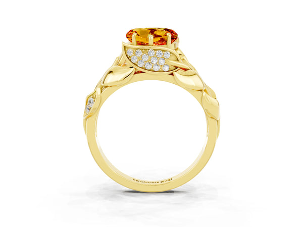 Yellow gold Heart Cut Citrine Leaf-Inspired Engagement Ring with Round Accents and Prong Setting