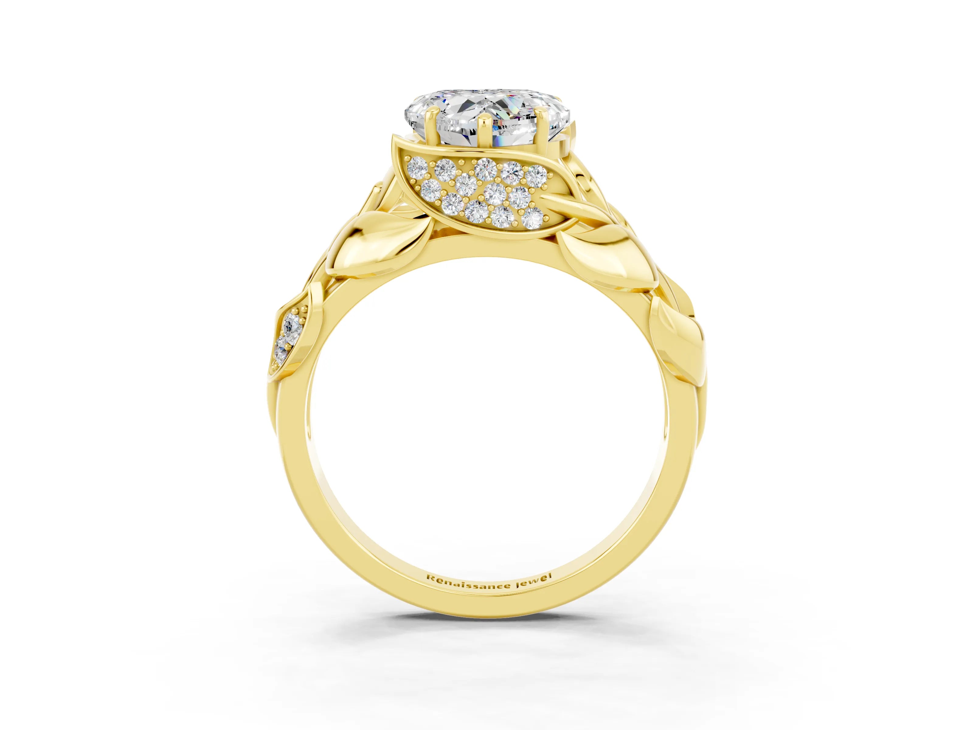 Yellow gold Heart Cut Solitaire Leaf-Inspired Engagement Ring with Prong Setting_3