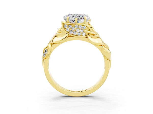 Yellow gold Heart Cut Moissanite Leaf-Inspired Engagement Ring with Round Accents and Prong Setting