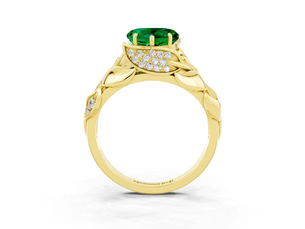 Yellow gold Heart Cut Emerald Leaf-Inspired Engagement Ring with Round Accents and Prong Setting