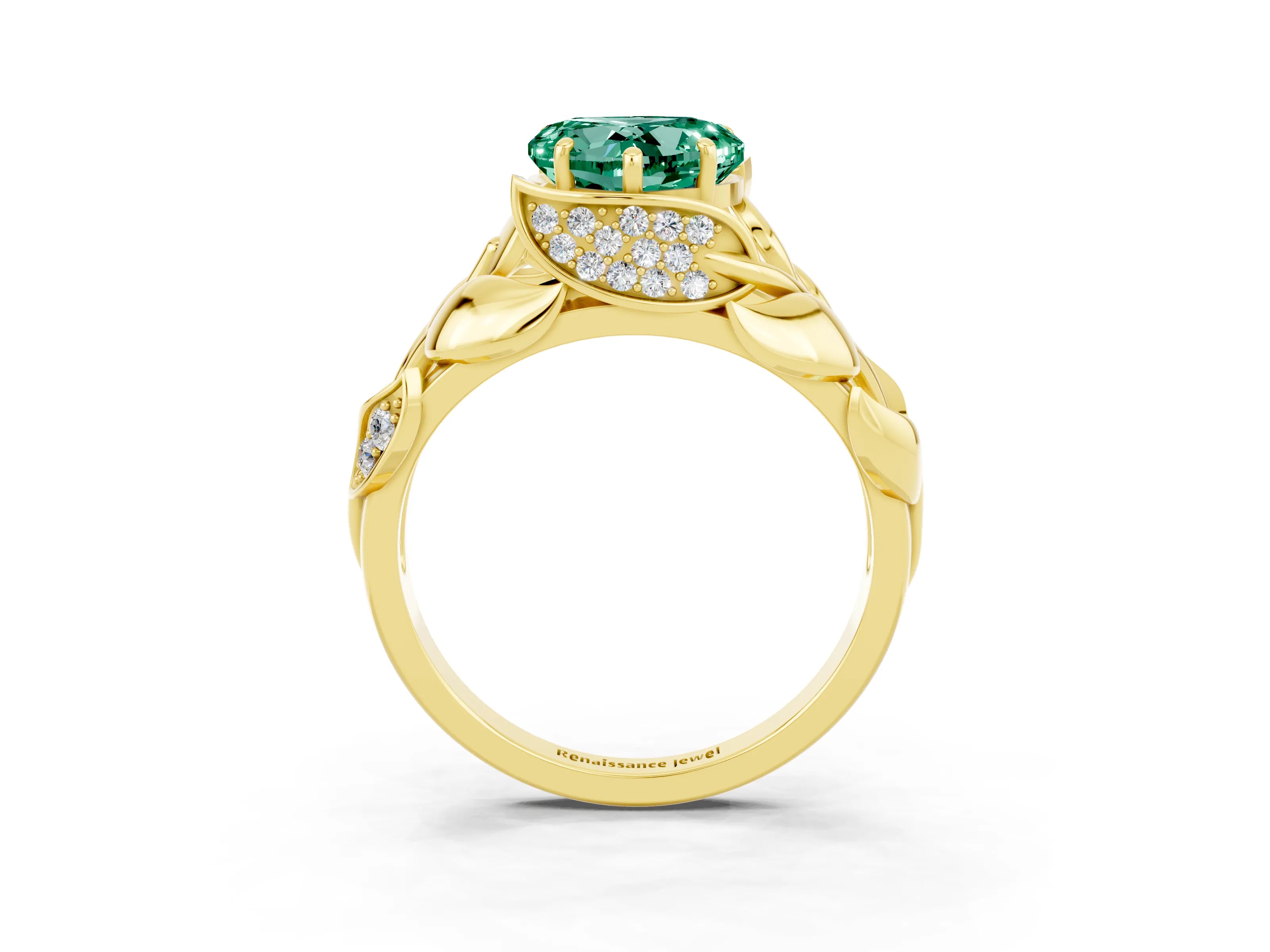 Yellow gold Heart Cut Solitaire Leaf-Inspired Engagement Ring with Prong Setting_3