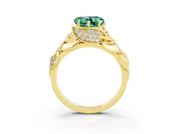 Yellow gold Heart Cut Green Sapphire Leaf-Inspired Engagement Ring with Round Accents and Prong Setting