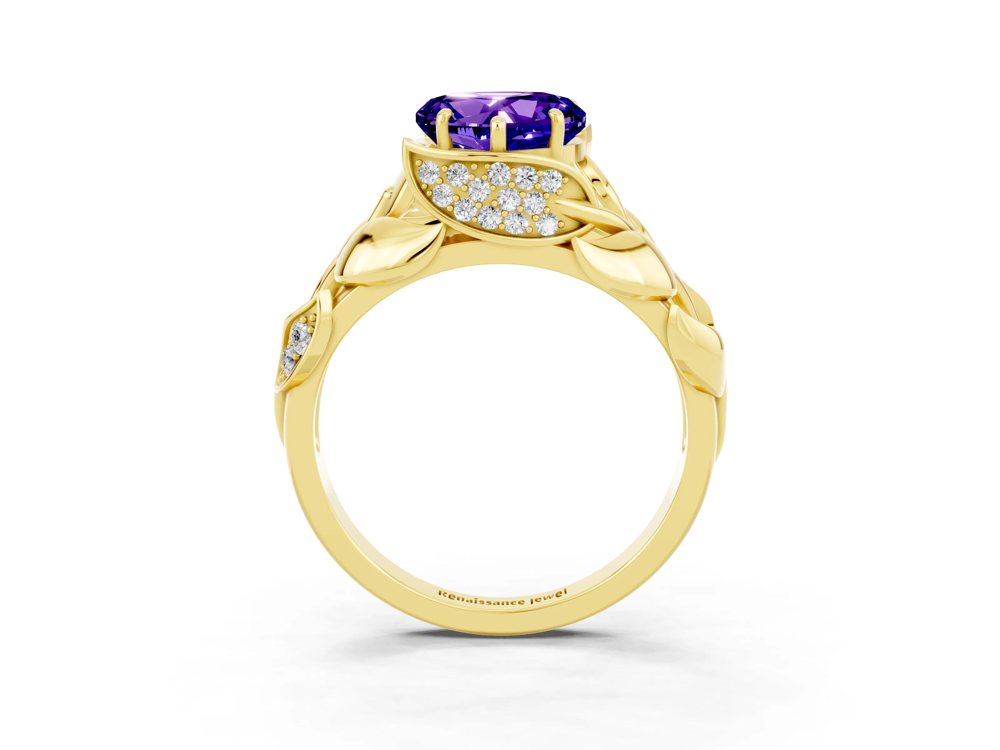 Yellow gold Heart Cut Solitaire Leaf-Inspired Engagement Ring with Prong Setting_3