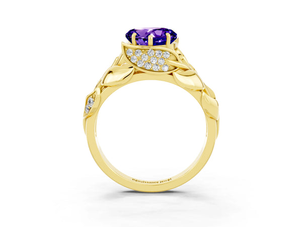 Yellow gold Heart Cut Tanzanite Leaf-Inspired Engagement Ring with Round Accents and Prong Setting