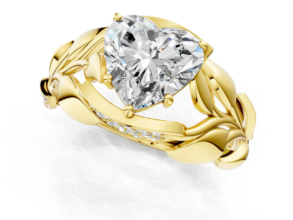 Yellow gold Heart Cut Solitaire Leaf-Inspired Engagement Ring with Prong Setting