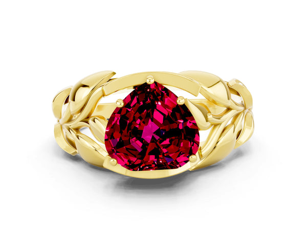 Yellow gold Heart Cut Garnet Leaf-Inspired Engagement Ring with Round Accents and Prong Setting