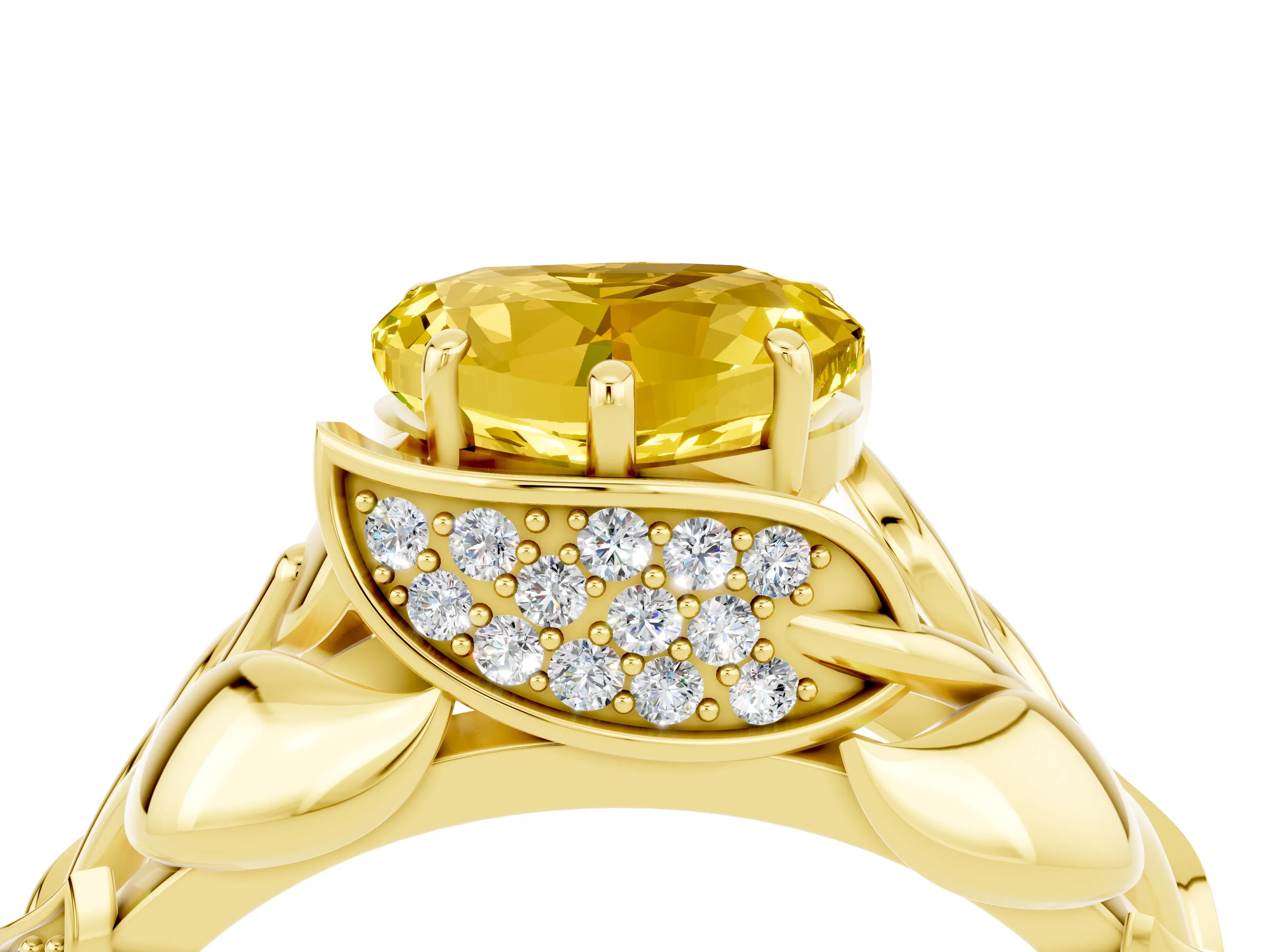 Yellow gold Heart Cut Solitaire Leaf-Inspired Engagement Ring with Prong Setting_4