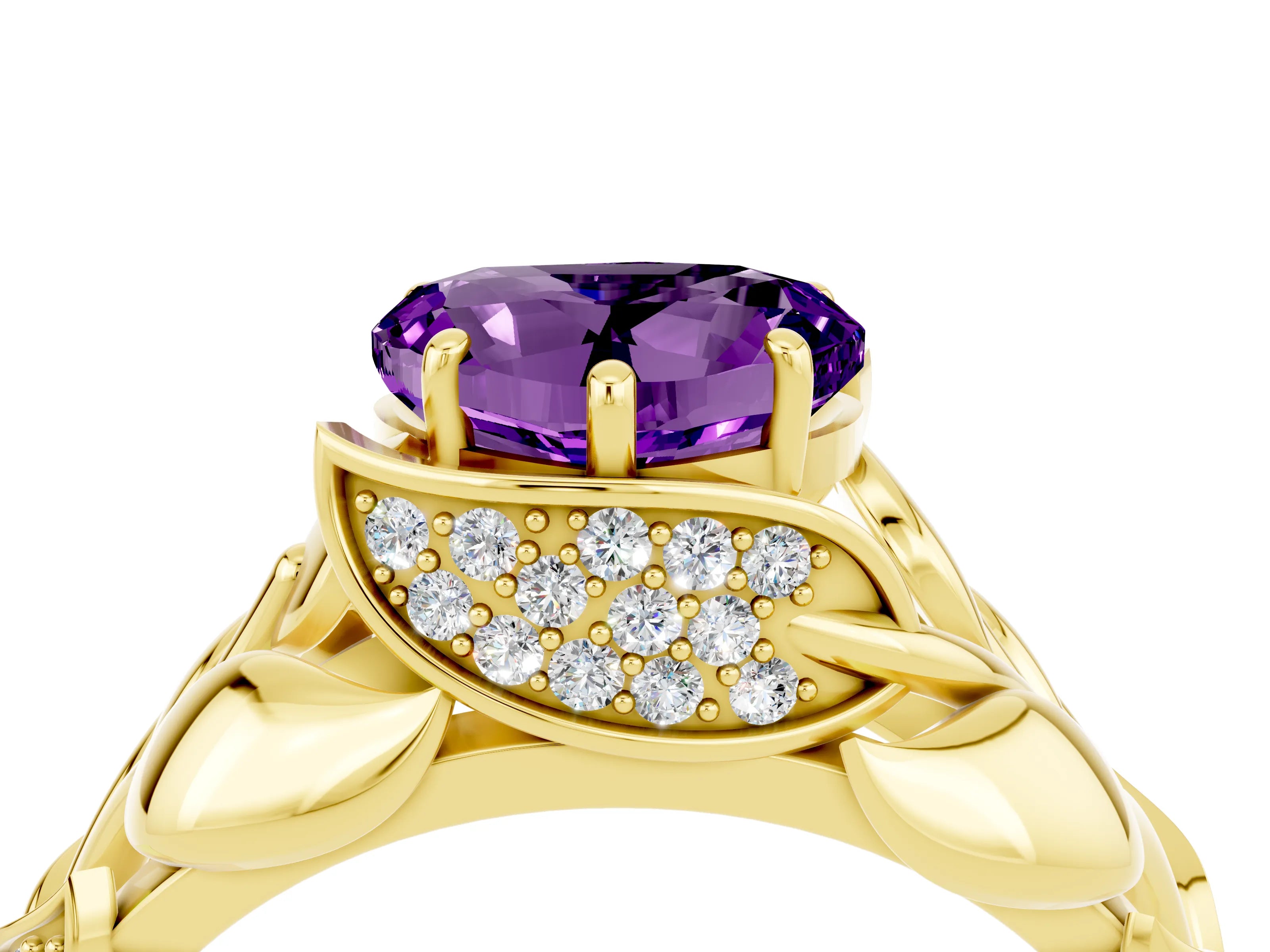 Yellow gold Heart Cut Solitaire Leaf-Inspired Engagement Ring with Prong Setting_4