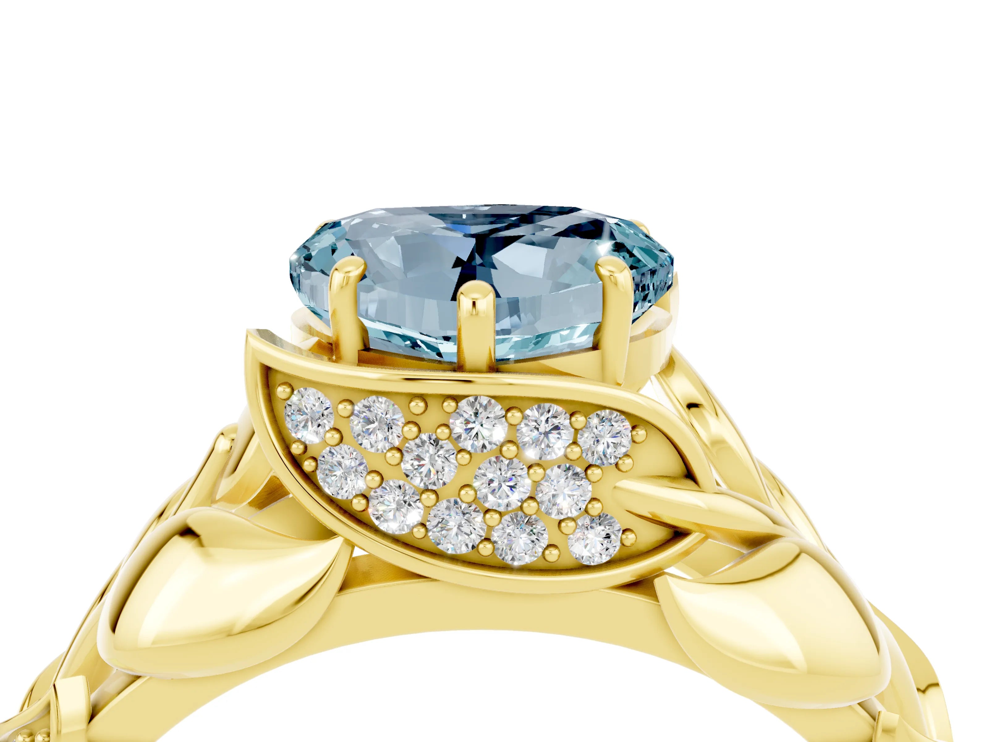 Yellow gold Heart Cut Solitaire Leaf-Inspired Engagement Ring with Prong Setting_4