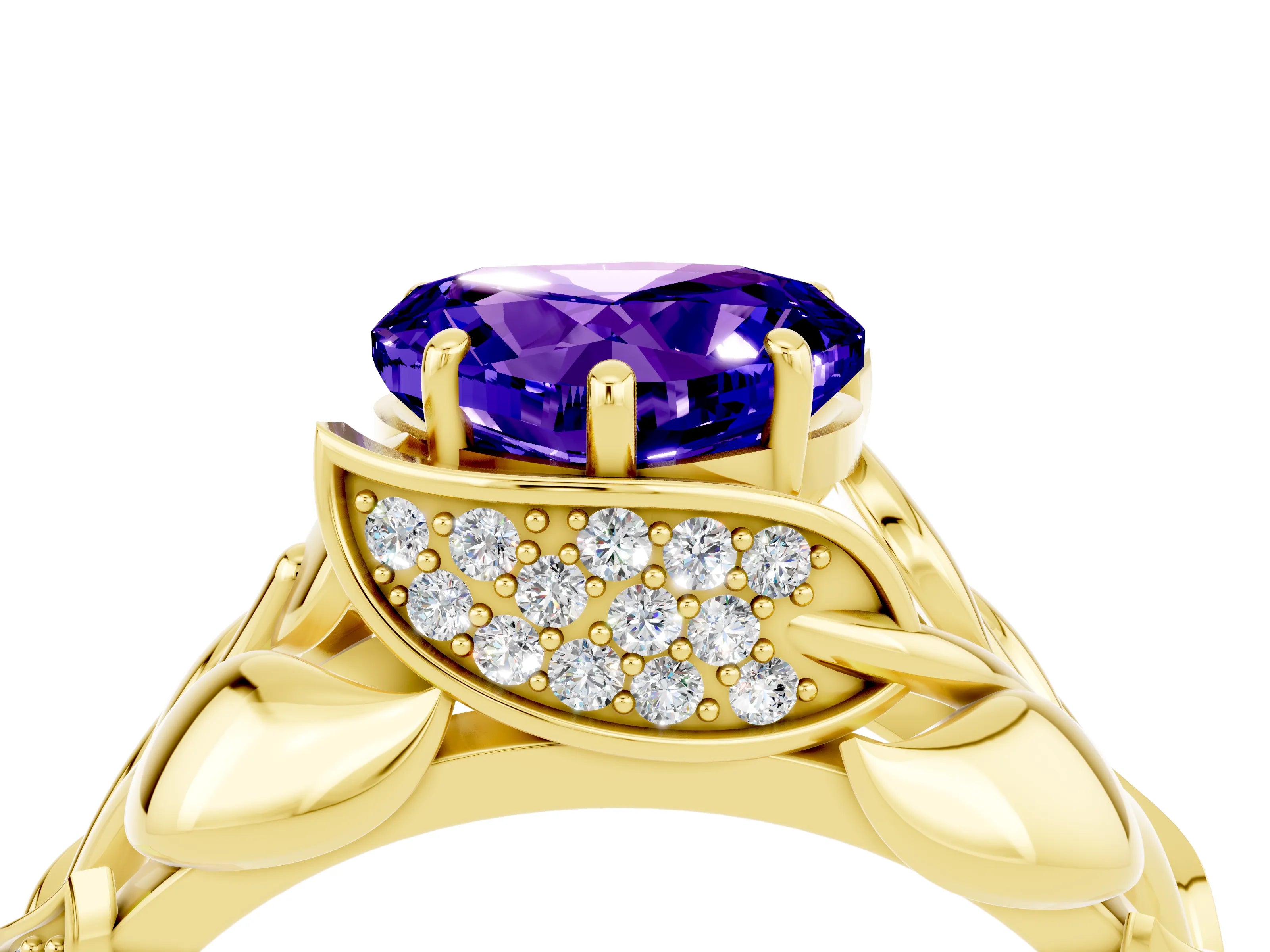 Yellow gold Heart Cut Solitaire Leaf-Inspired Engagement Ring with Prong Setting_4