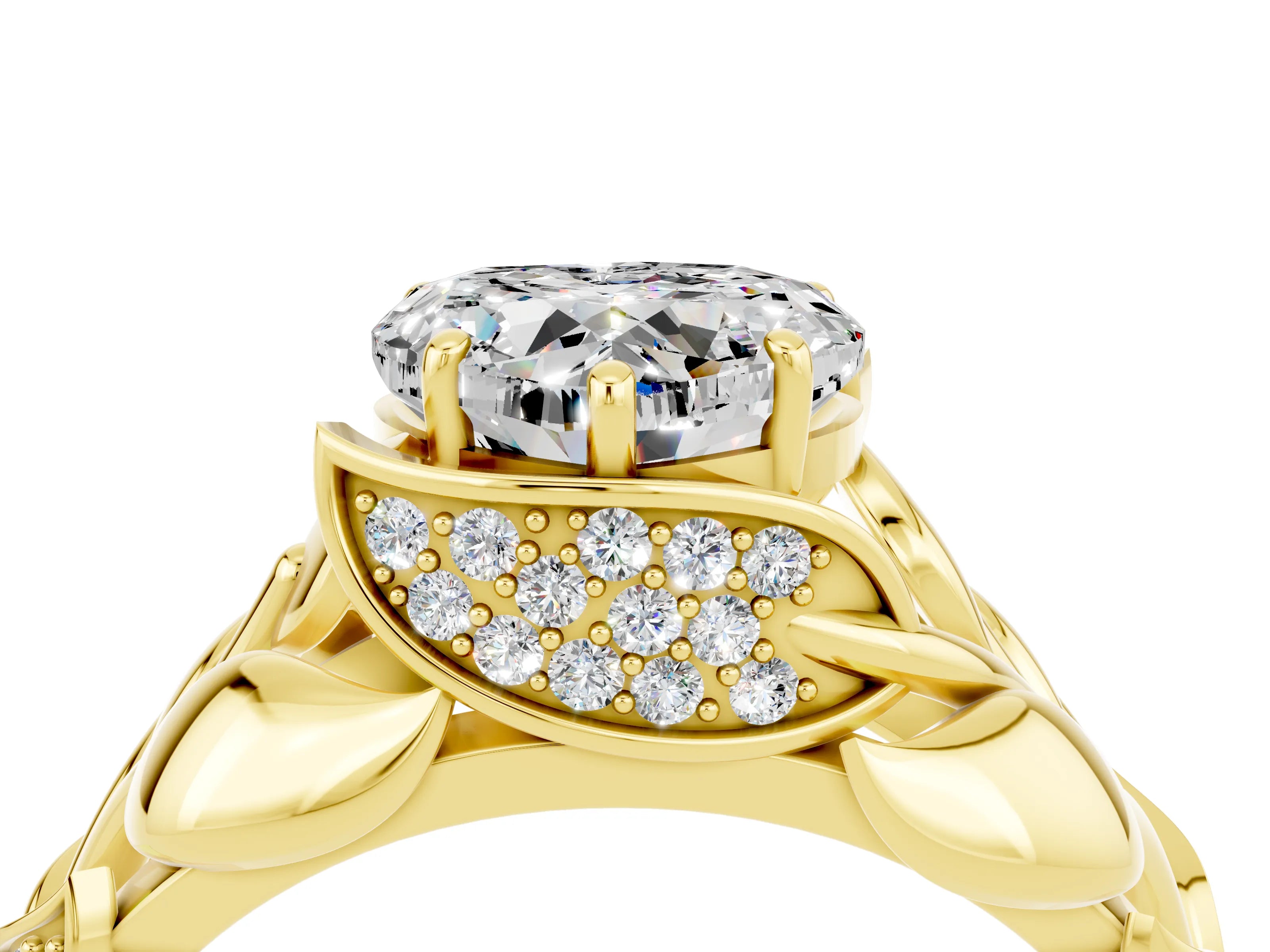 Yellow gold Heart Cut Solitaire Leaf-Inspired Engagement Ring with Prong Setting_4