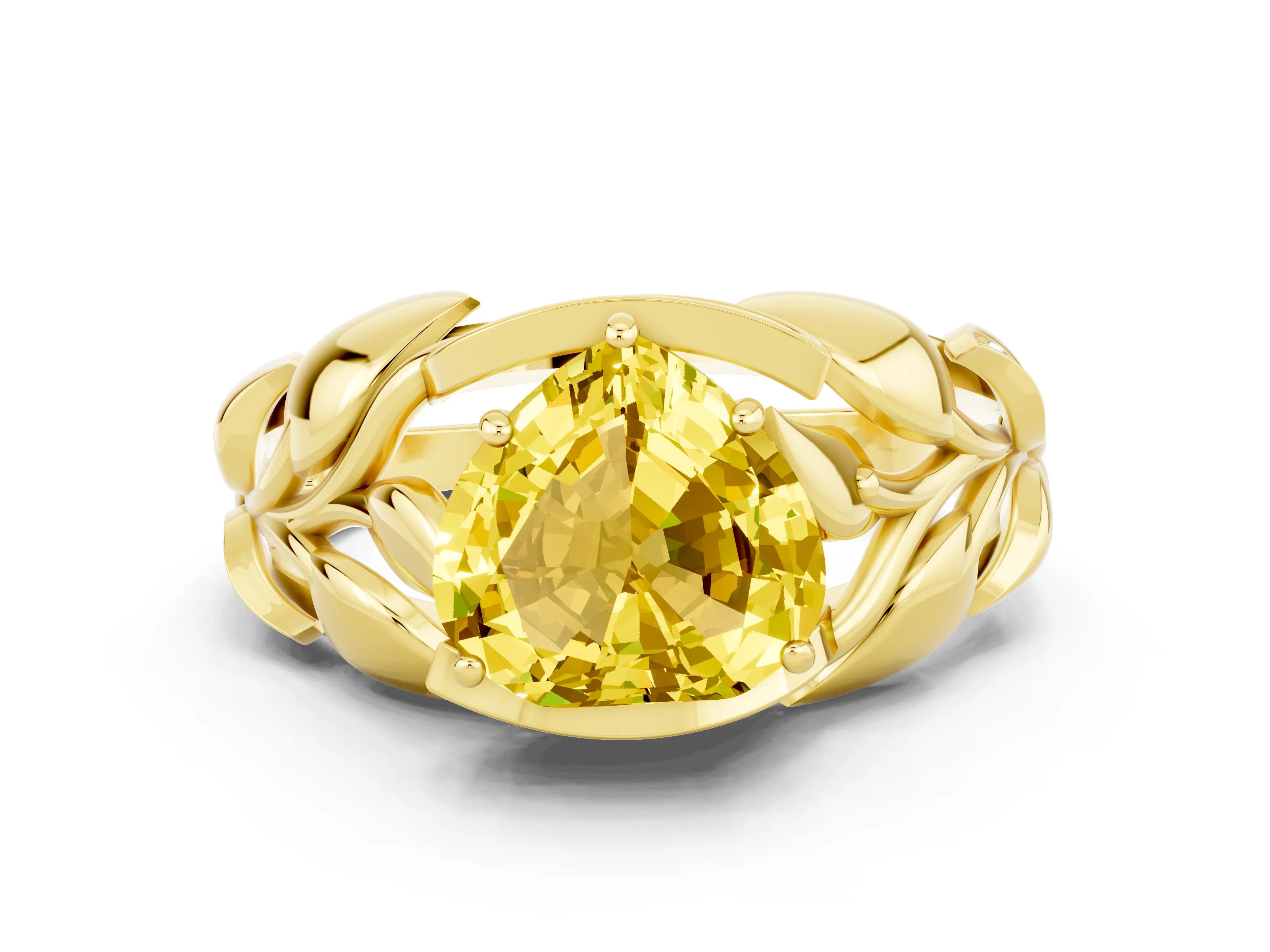 Yellow gold Heart Cut Solitaire Leaf-Inspired Engagement Ring with Prong Setting