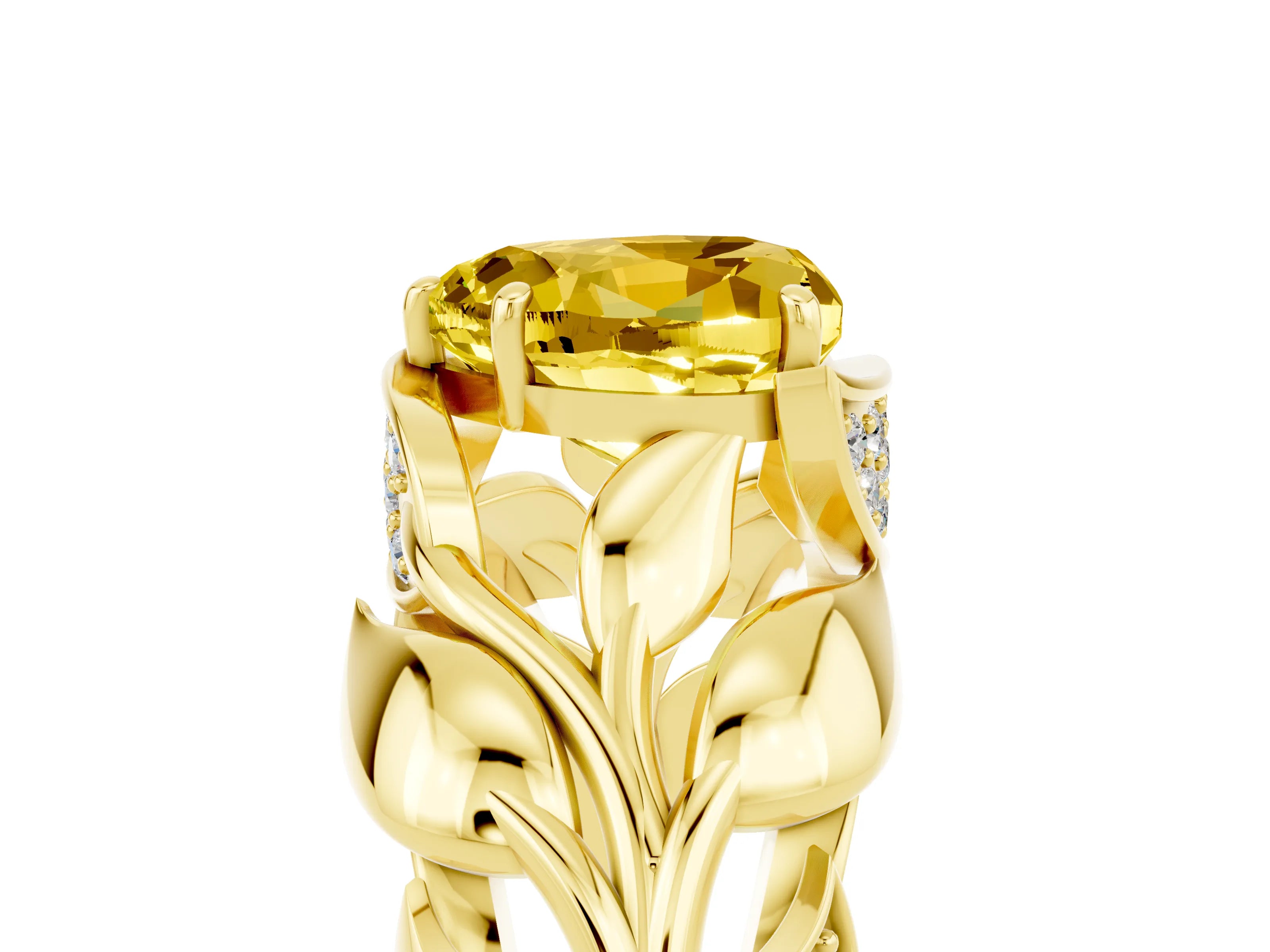 Yellow gold Heart Cut Solitaire Leaf-Inspired Engagement Ring with Prong Setting_5