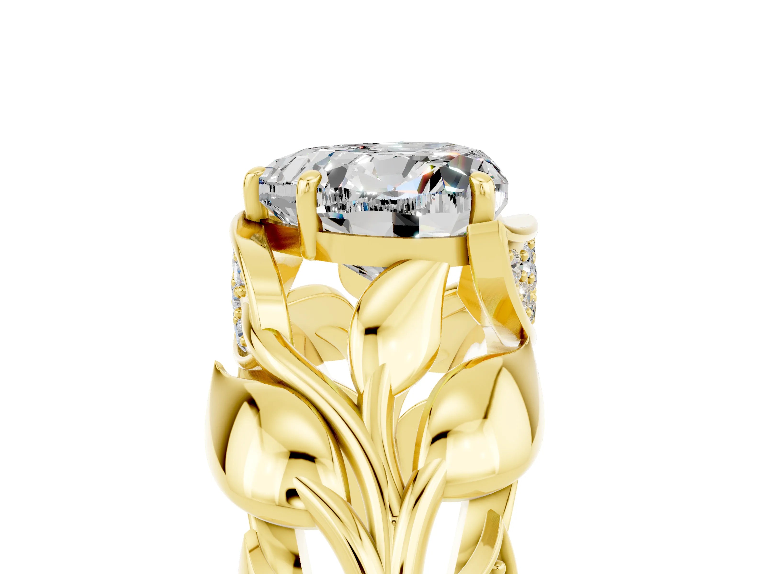 Yellow gold Heart Cut Solitaire Leaf-Inspired Engagement Ring with Prong Setting_5
