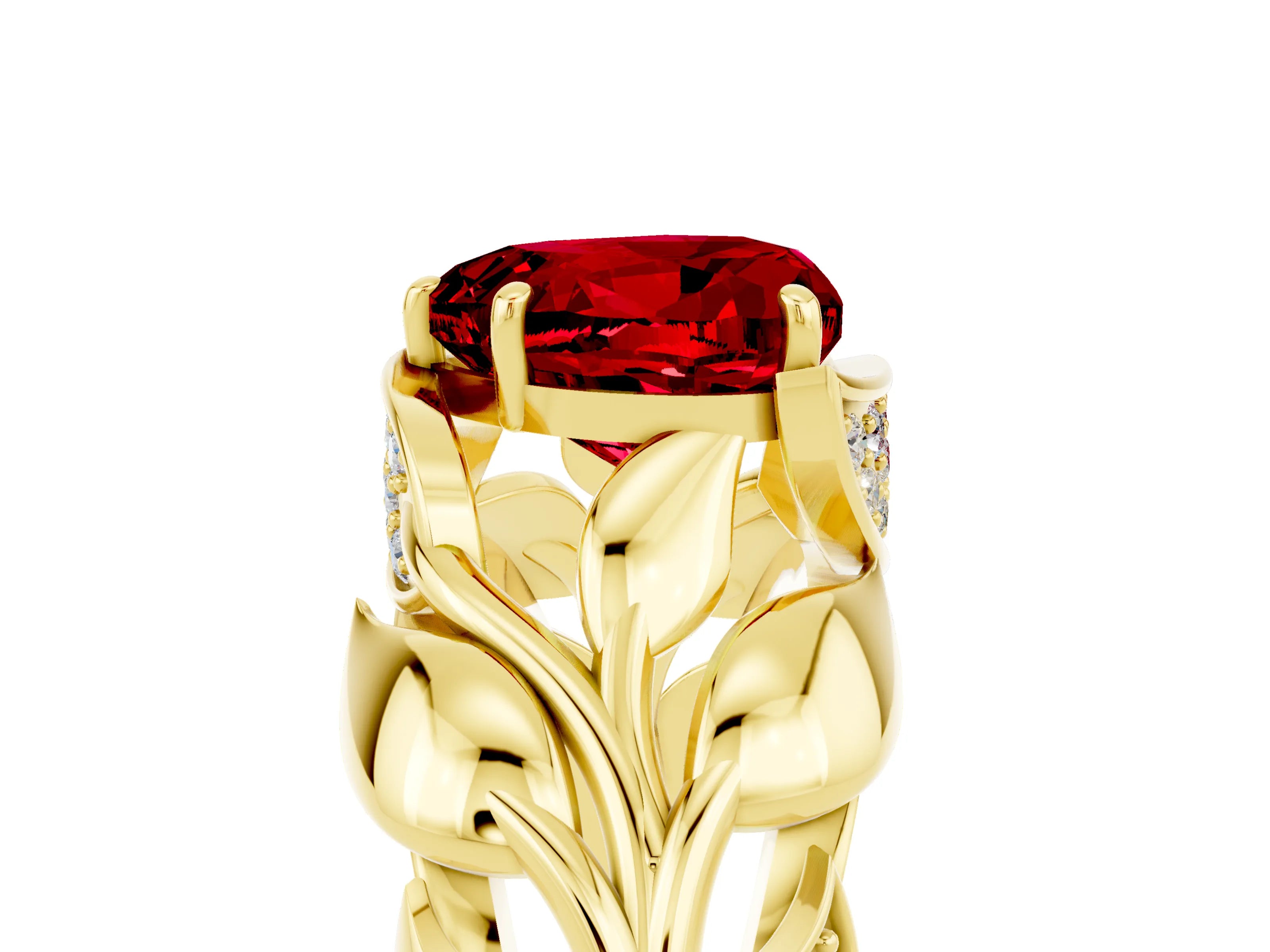 Yellow gold Heart Cut Solitaire Leaf-Inspired Engagement Ring with Prong Setting_5